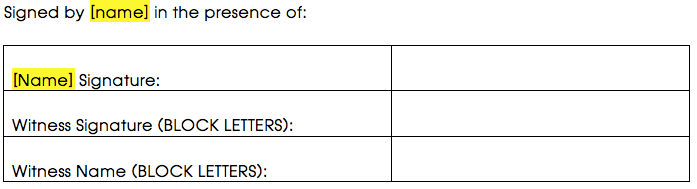 Signature block for a sole trader signing an agreement with a witness Signature block for a sole trader signing an agreement with a witness